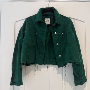 Zara Dark Green Distressed Denim Jacket